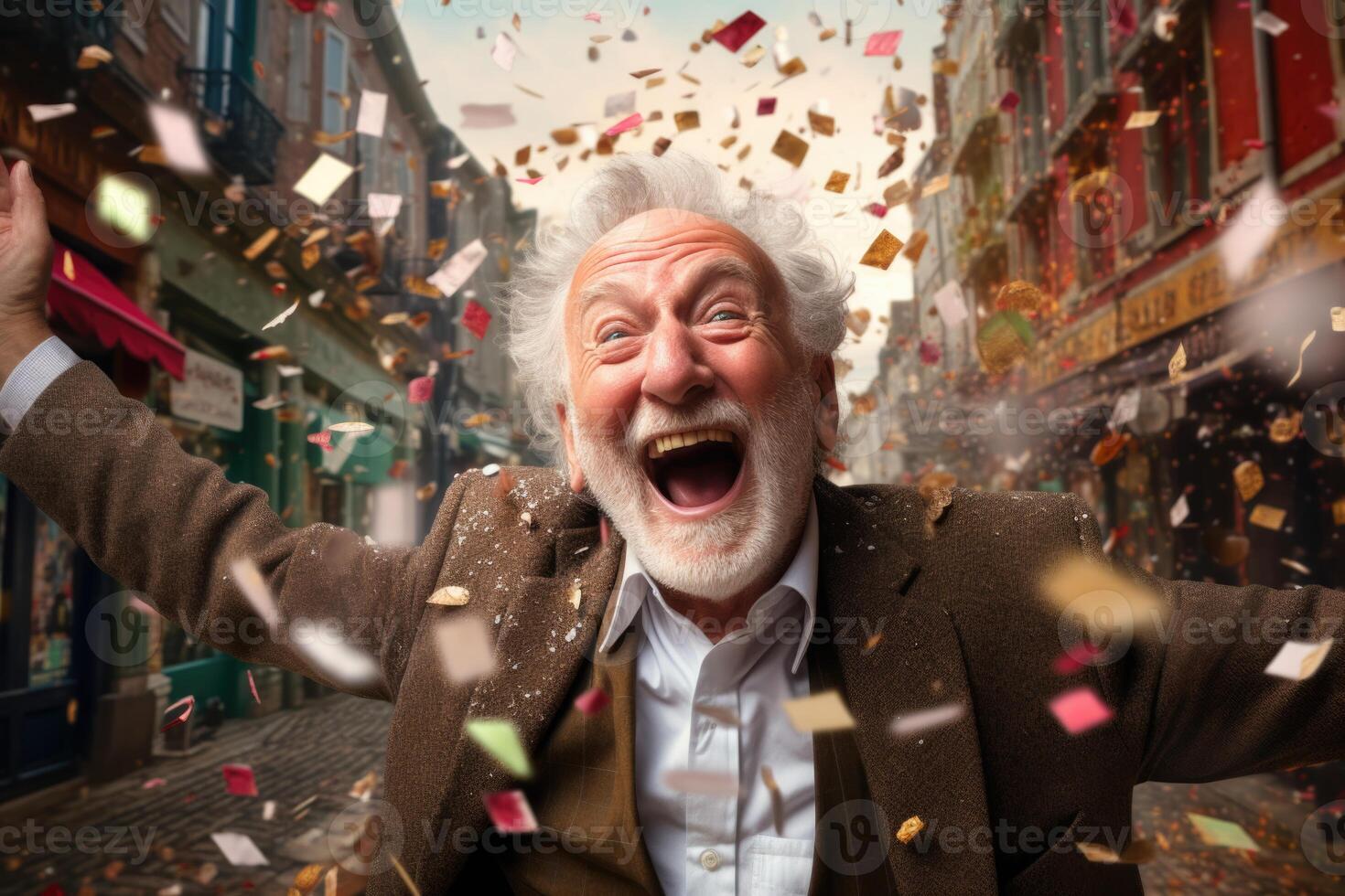 AI generated A happy elderly man in festive attire expresses his emotions while confetti flies at him photo