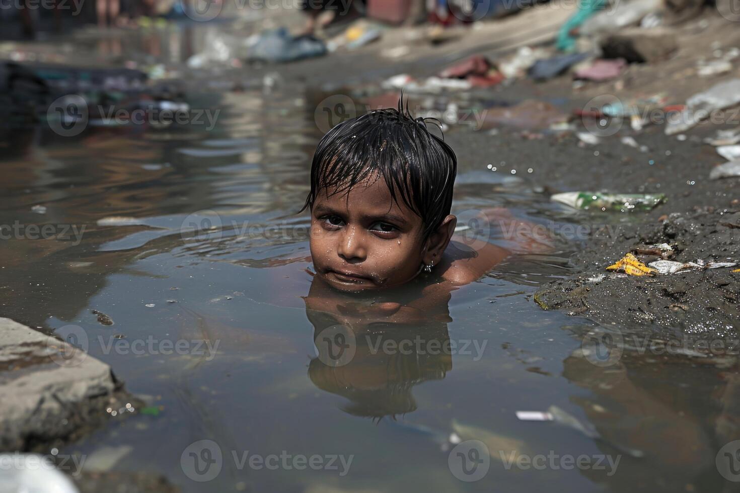 AI generated Poor Indian children bathe in the sewage water drain in the village photo