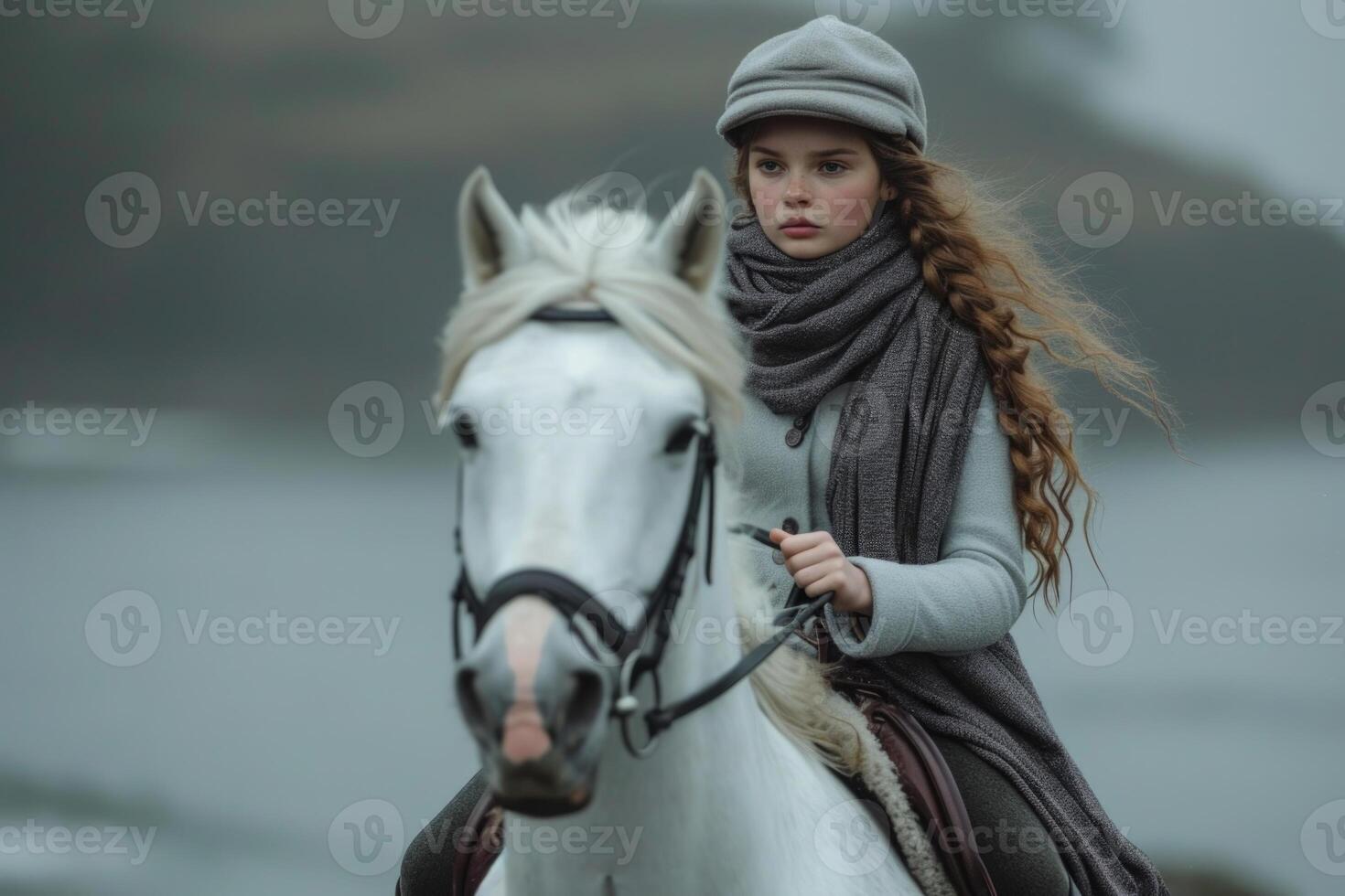 AI generated A young pretty girl in warm clothes riding a horse against the background of nature photo