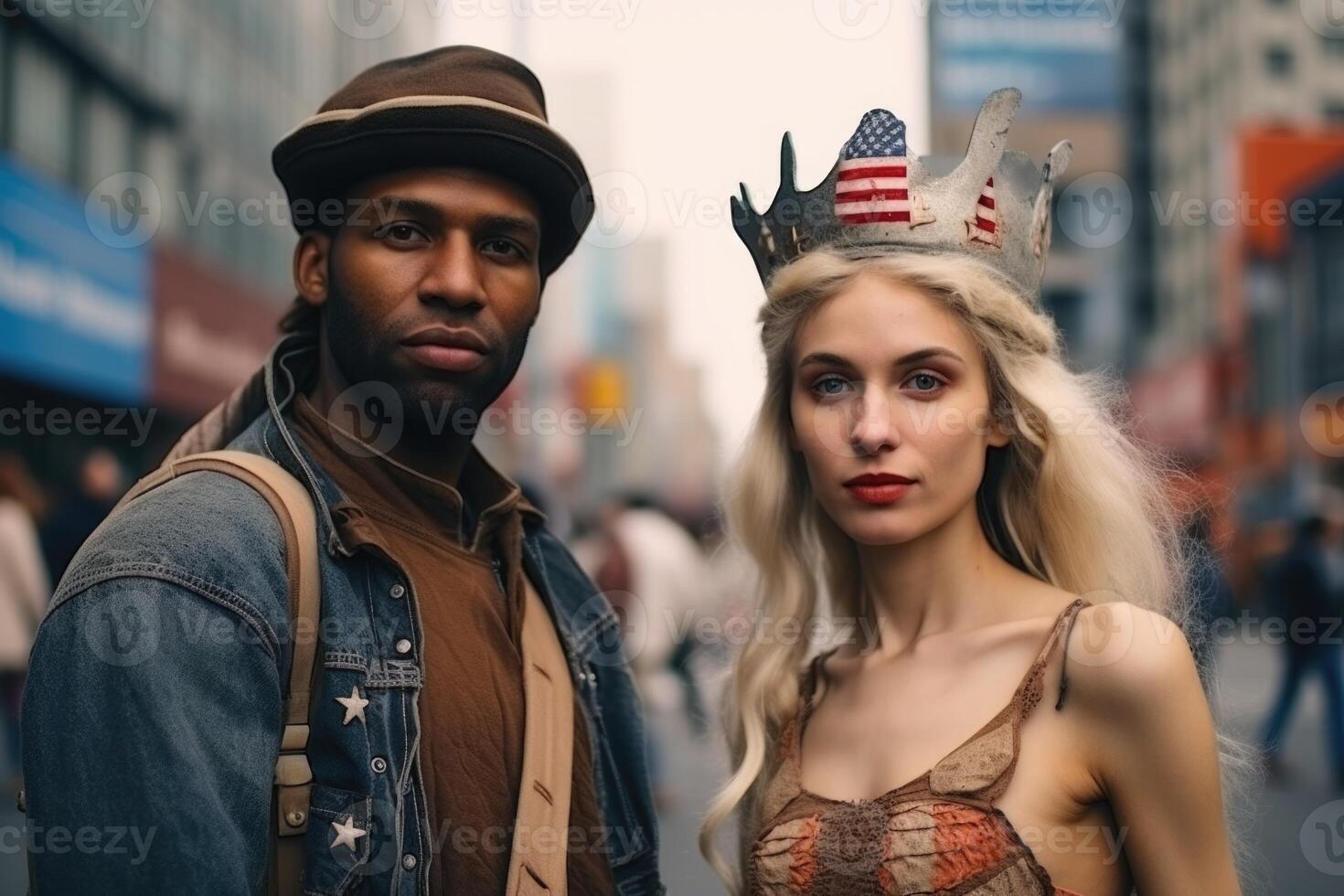 AI generated Portrait of a man and a woman patriots of their country against the background of a city street photo