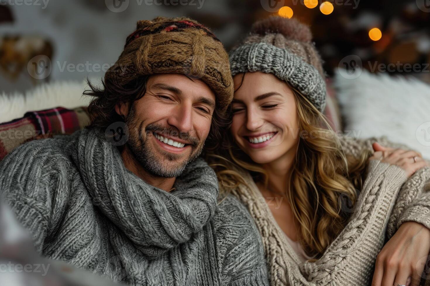 AI generated A happy couple in love in warm clothes is sitting next to each other in the interior. Romance photo
