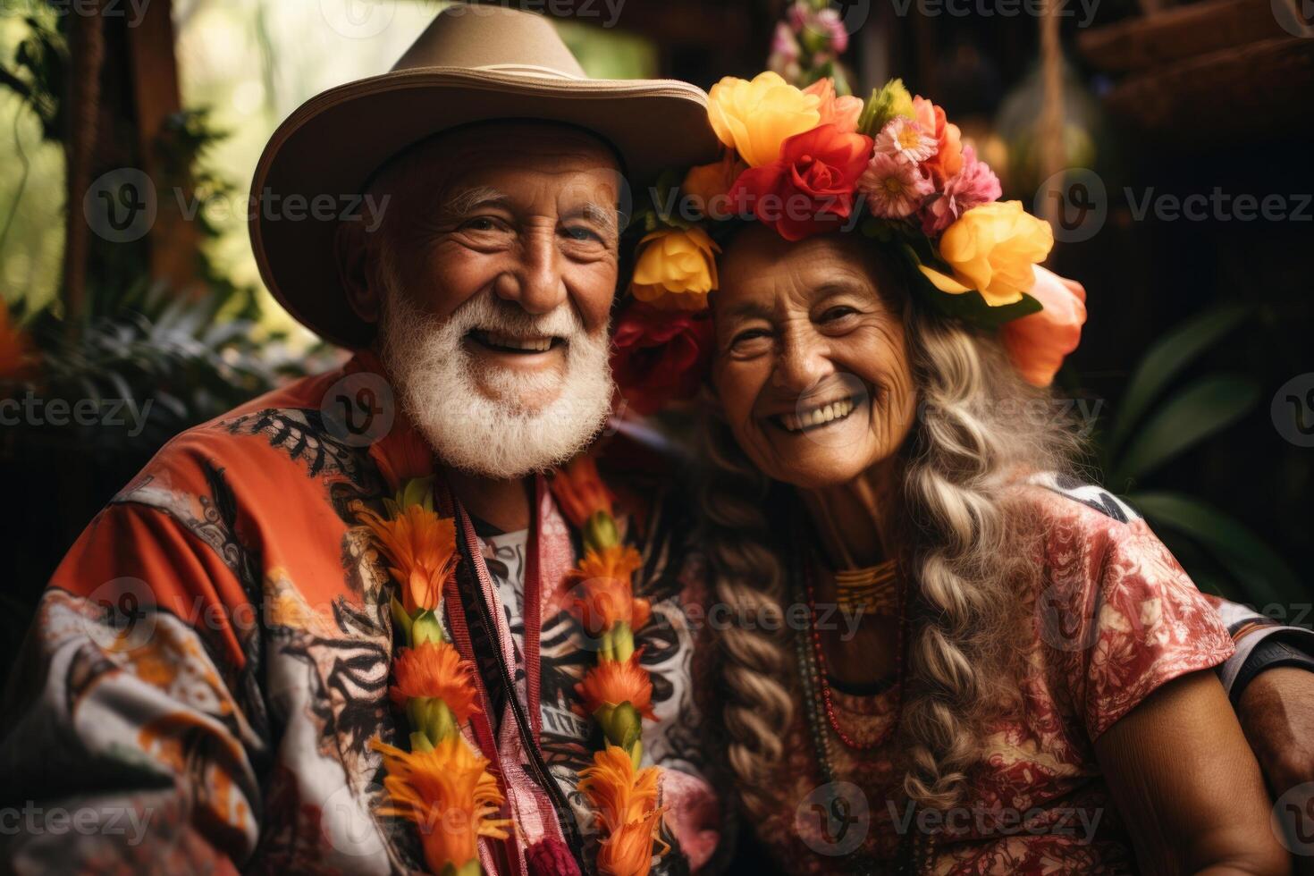 AI generated Portrait of a happy elderly couple on vacation in national costumes. Journey photo