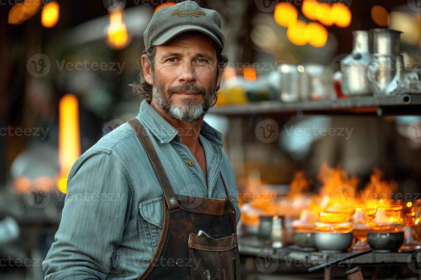AI generated A man is a glassblower working in a glass factory where products are created manually photo