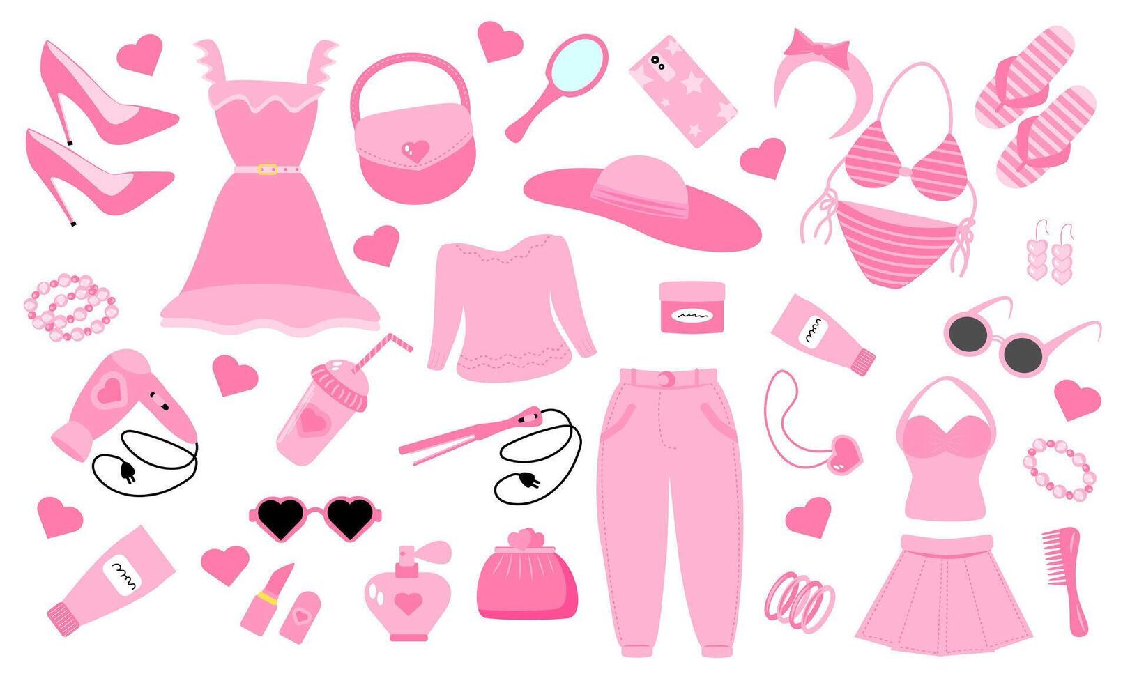 Glamorous trendy barbiecore set. Nostalgic pinkcore 2000s style vector