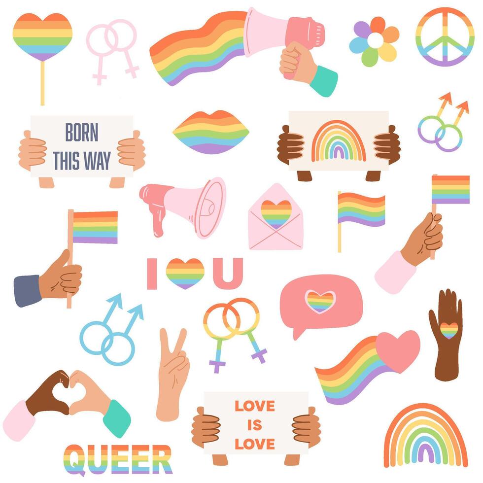 Pride month concept, gender equality, people diversity. Set of elements such as rainbow flag, heart, lips, male and female symbol, megaphone. vector