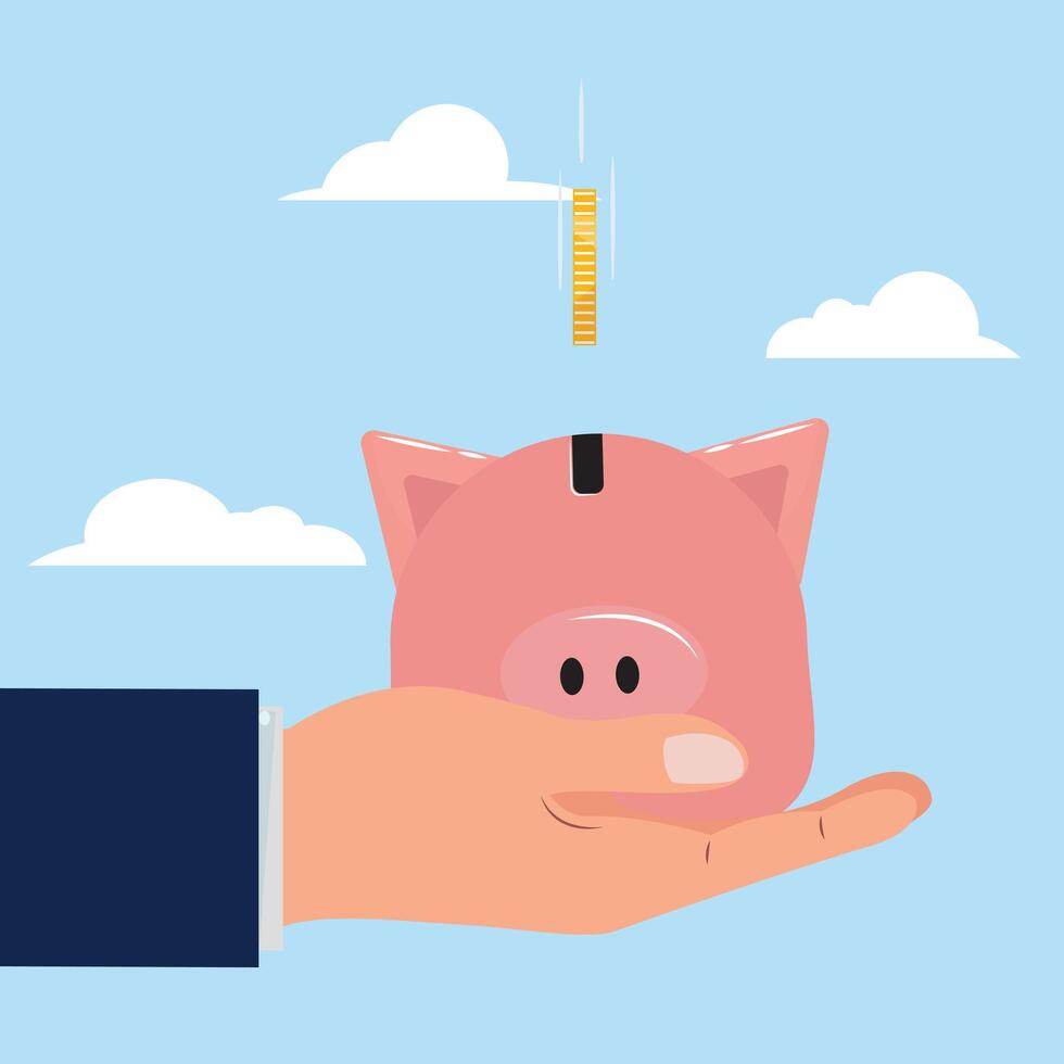 The concept of saving money or open a bank deposit. Hand holding a piggy bank with a falling coin vector