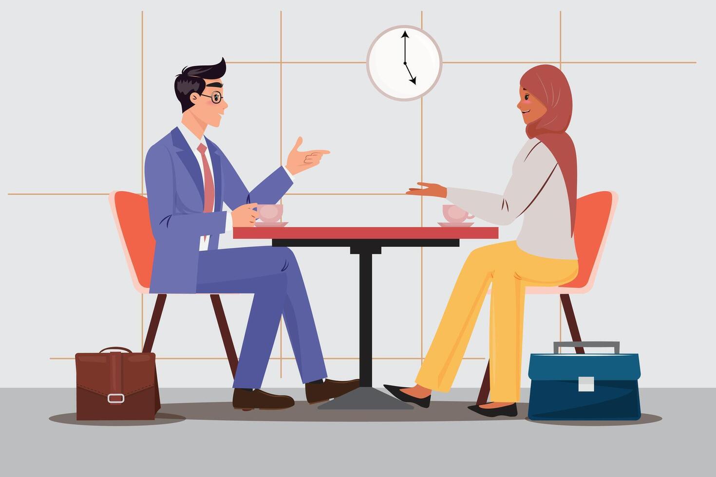 Man in a suit and a woman in a headscarf connect over coffee, exemplifying workplace diversity. Business, diversity, teamwork concept illustration vector