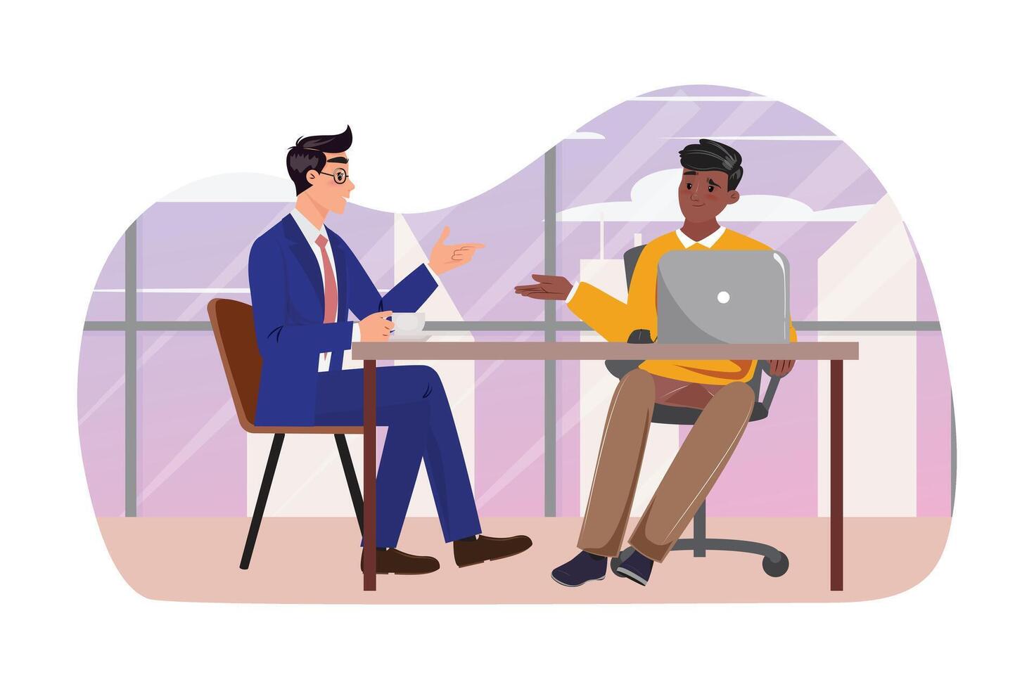 Modern illustration with white and black businessmen talking at the desk and talking vector