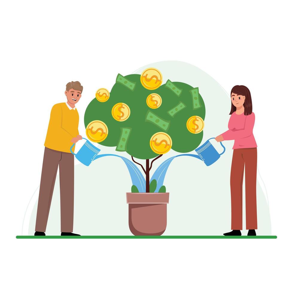 Pareja nutriendo un dinero árbol, representando el ideales de exitoso negocio crecimiento, ingreso, inversión, y familia presupuesto vector