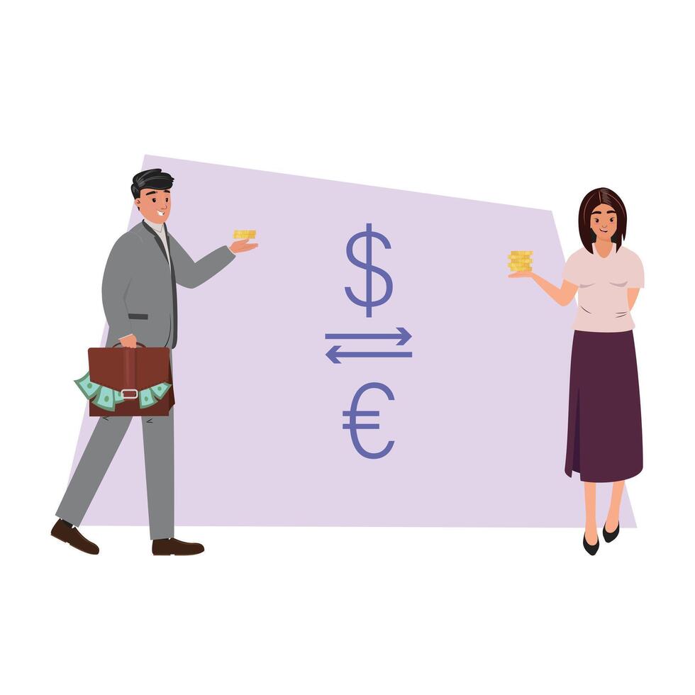 Dynamic young brokers navigate currency exchange. Business people in currency exchange vector