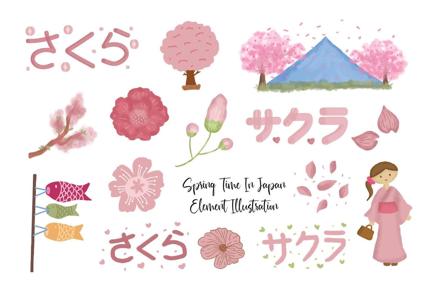 linda mano dibujado primavera Corea y Japón ilustración vector