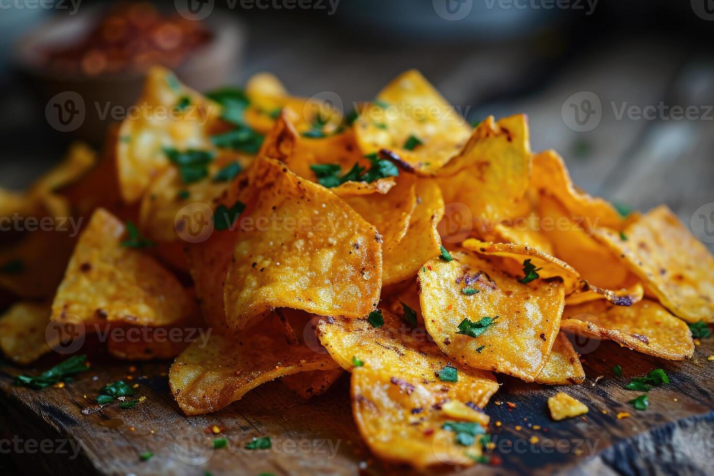 AI generated Fresh potato chips scattered on the table. A delicious snack photo
