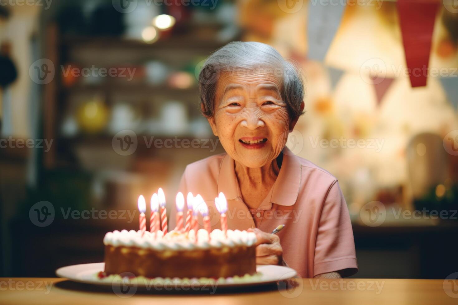 AI generated An elderly Asian woman blows out candles on a birthday cake in her home photo