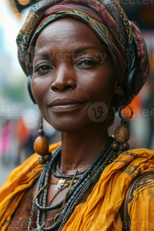 AI generated Close-up portrait of an African-American woman wearing headphones on a city street photo