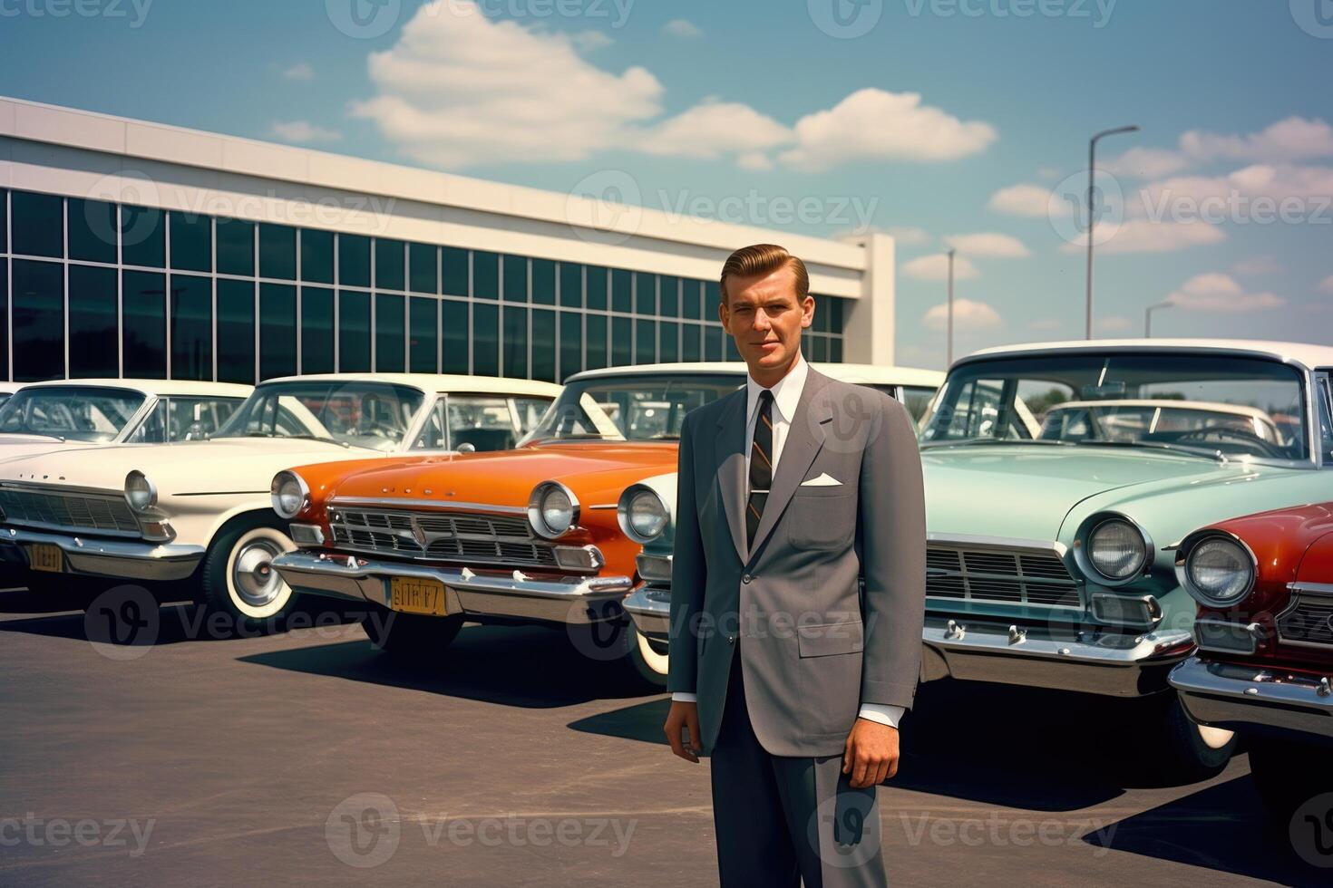 AI generated A man in a formal suit against the background of many old cars. Retro photography photo