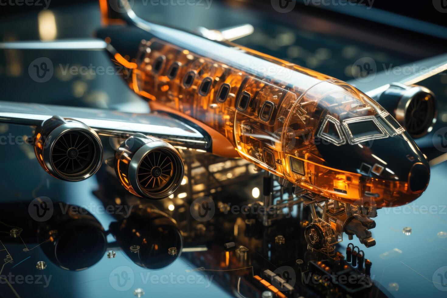 AI generated A large passenger airplane on an airport runway. Model airplane made of glass photo