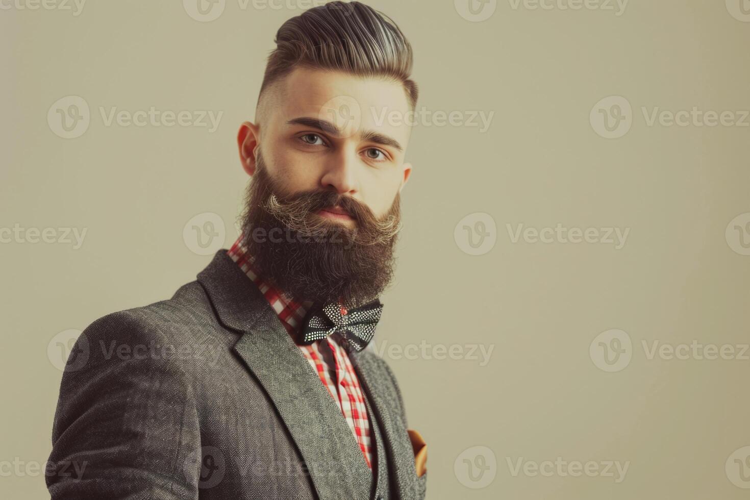 AI generated Portrait of a middle-aged man with a beard in a suit with a bow tie on a gray background photo