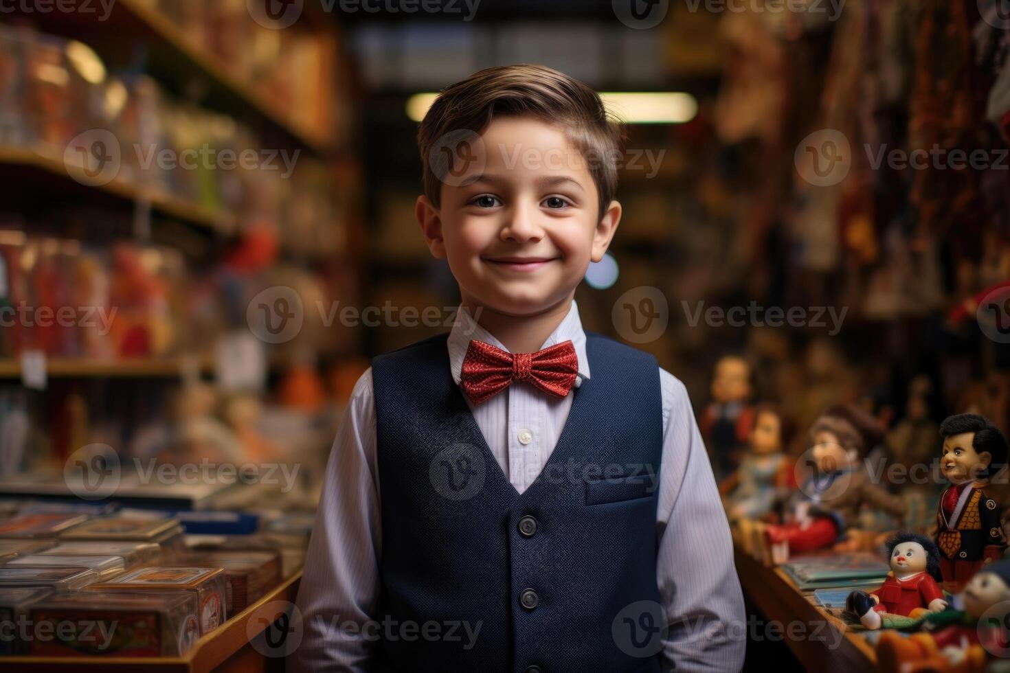 AI generated A cute boy in a suit with a butterfly stands against the background of toys in a children's store photo
