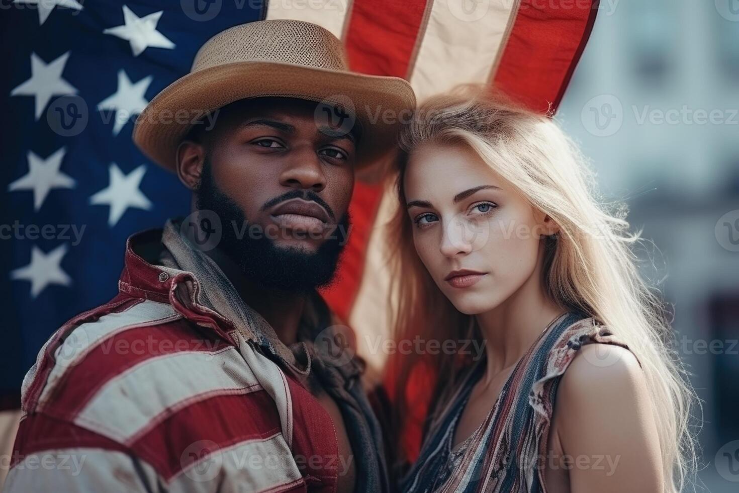 AI generated Portrait of a man and a woman patriots of their country against the background of a city street photo