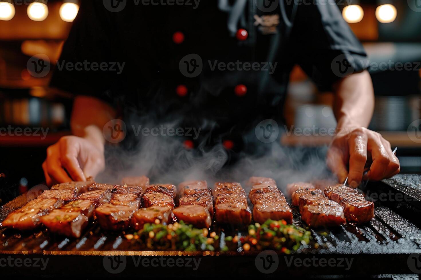 AI generated Lots of Meat steaks, the cook cooks on a stainless steel grill, with flames on a dark background. Food and kitchen concept photo