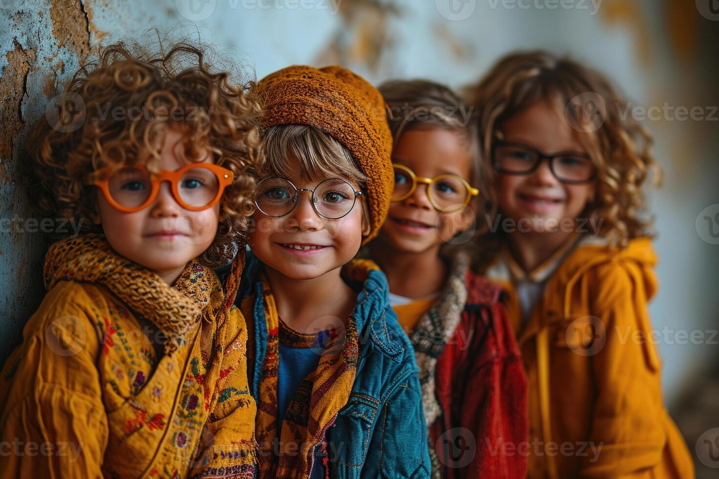 AI generated Four cheerful children in bright clothes and glasses are having fun spending their summer holidays outdoors photo