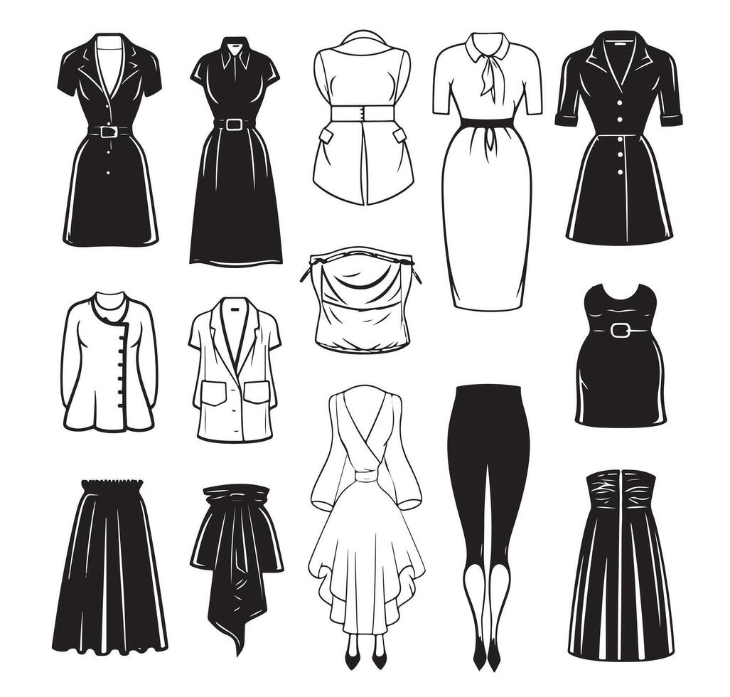 Women Clothing set sketch hand drawn in doodle style Vector illustration