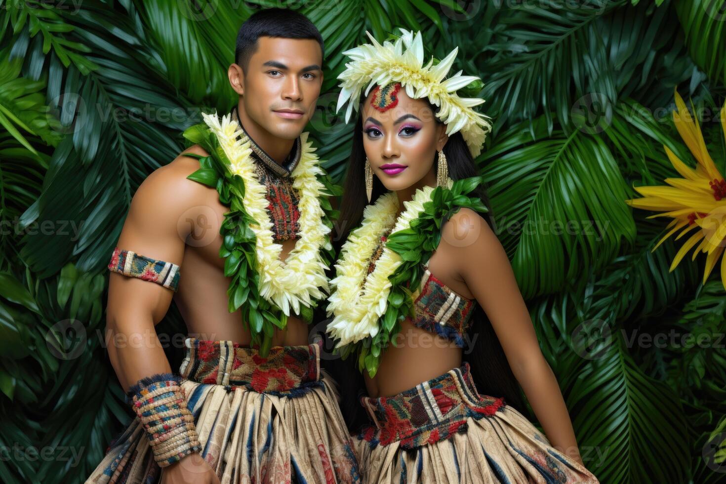 AI generated Portrait of a man and a woman in national costumes. Polynesia photo