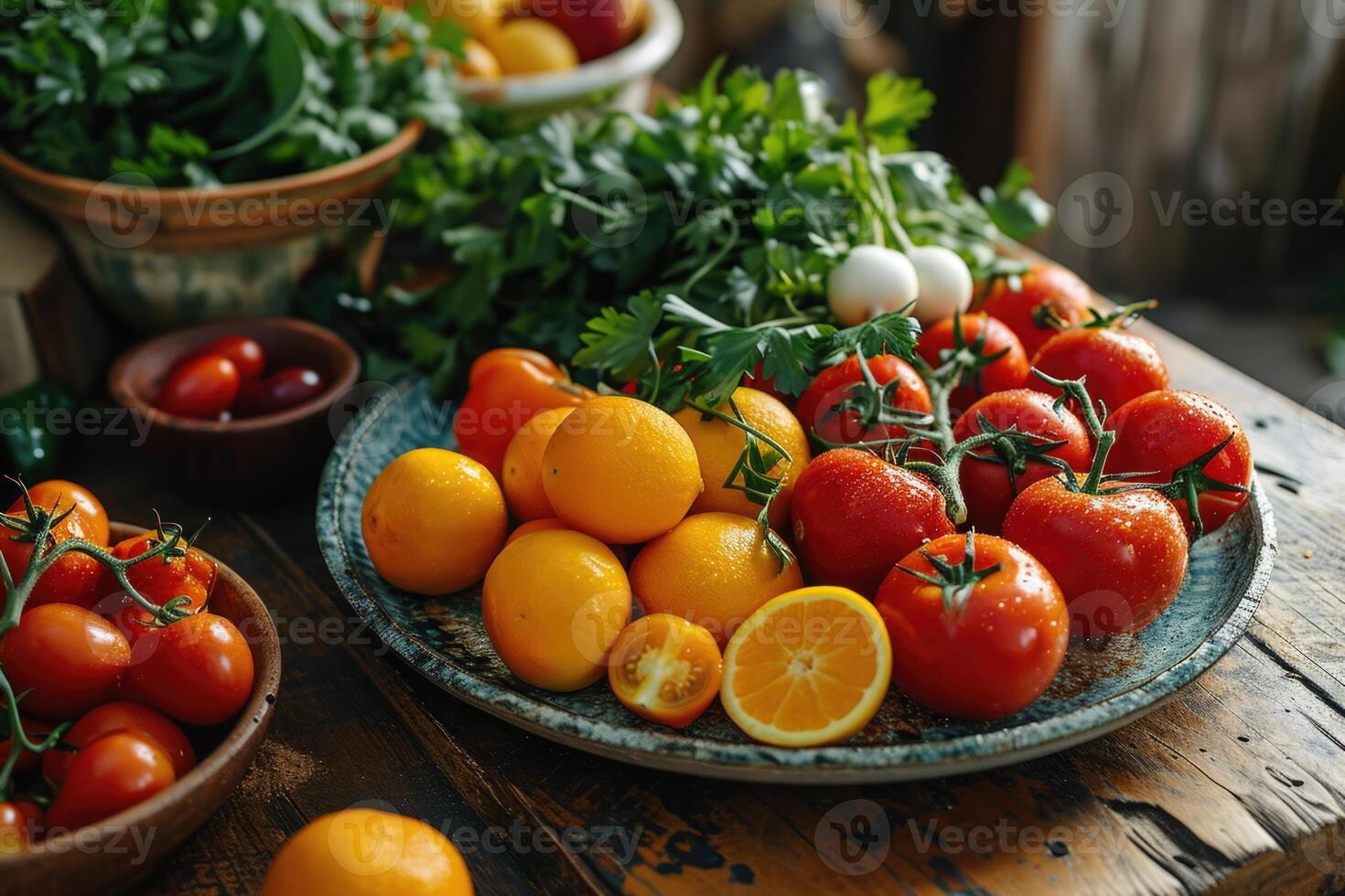 ai generado vegetales y frutas son puesto fuera en un plato en el cocina mesa. el concepto de sano comiendo foto