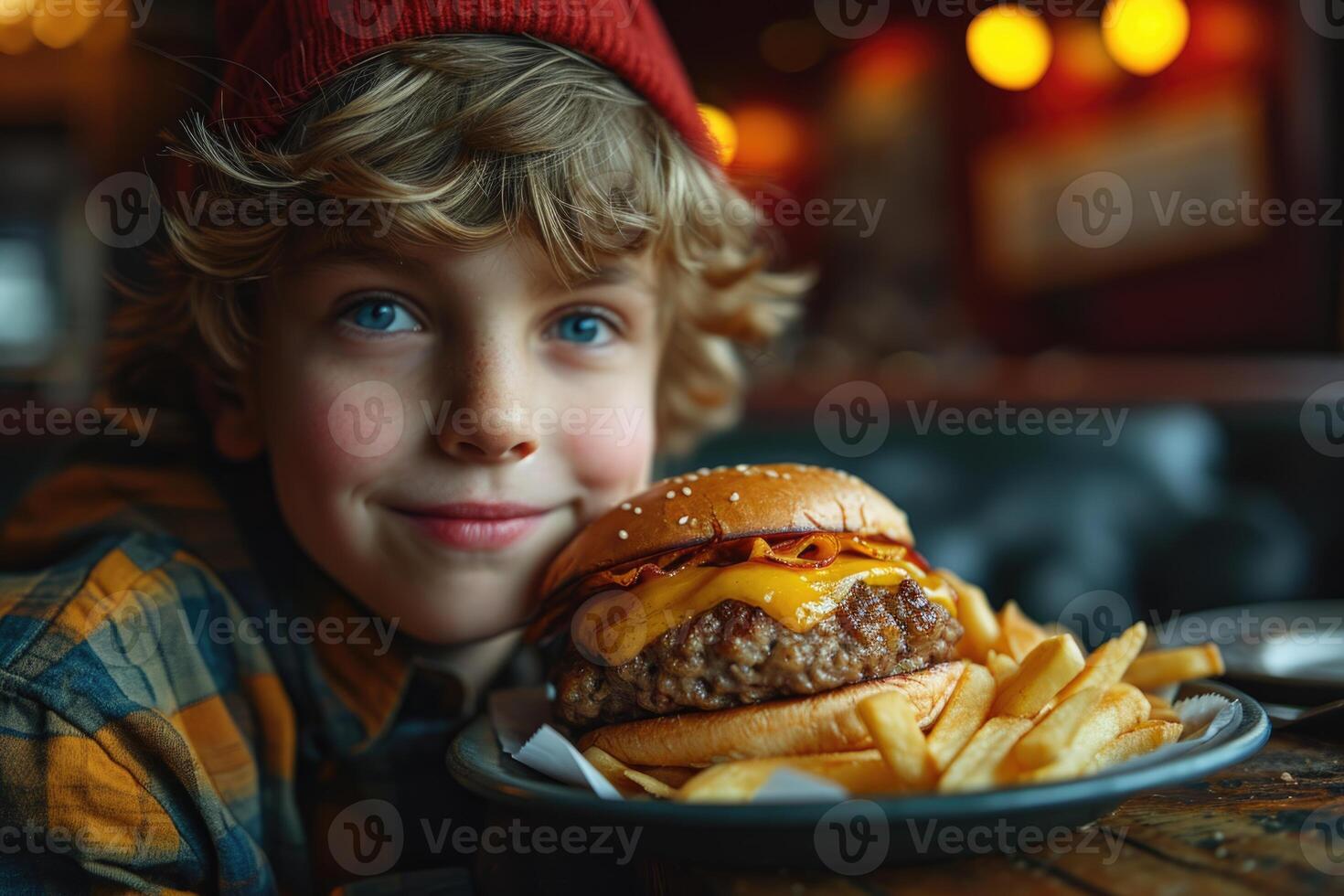 AI generated A boy and a large double cheeseburger are lying on a table in the background of the kitchen photo