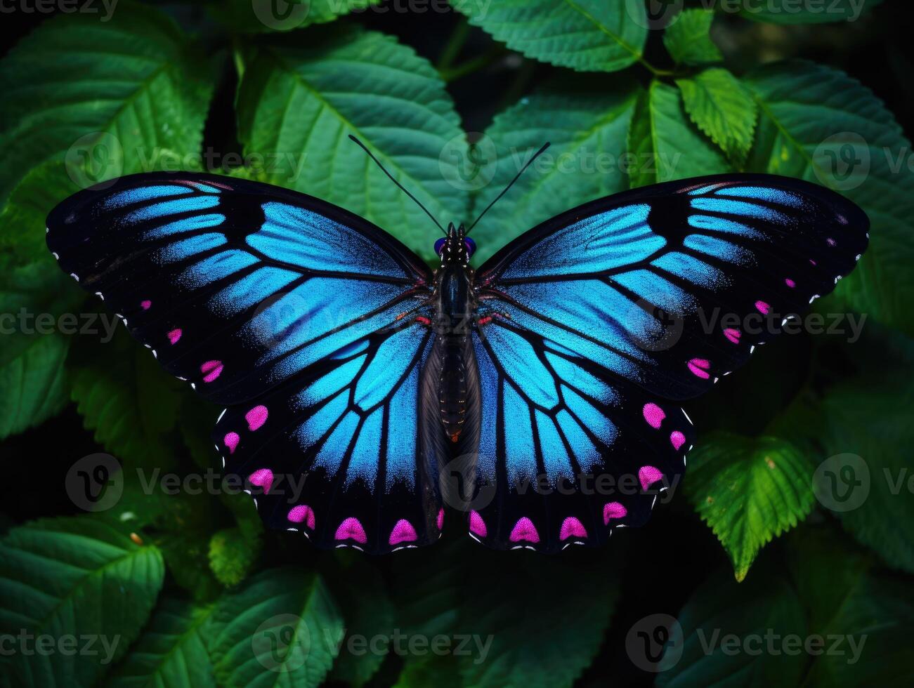 AI generated a large colored butterfly sitting on leaves, a beautiful insect in its natural habitat photo