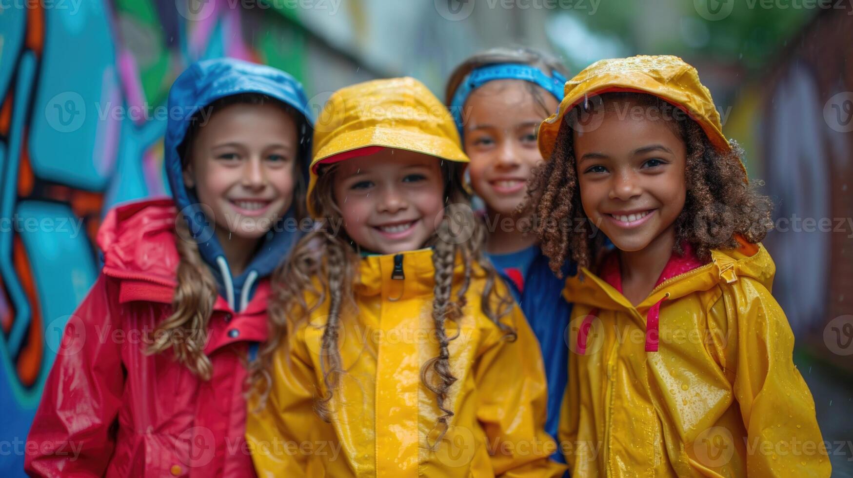 ai generado cuatro alegre niños en brillante ropa y lentes son teniendo divertido gasto su verano Días festivos al aire libre foto