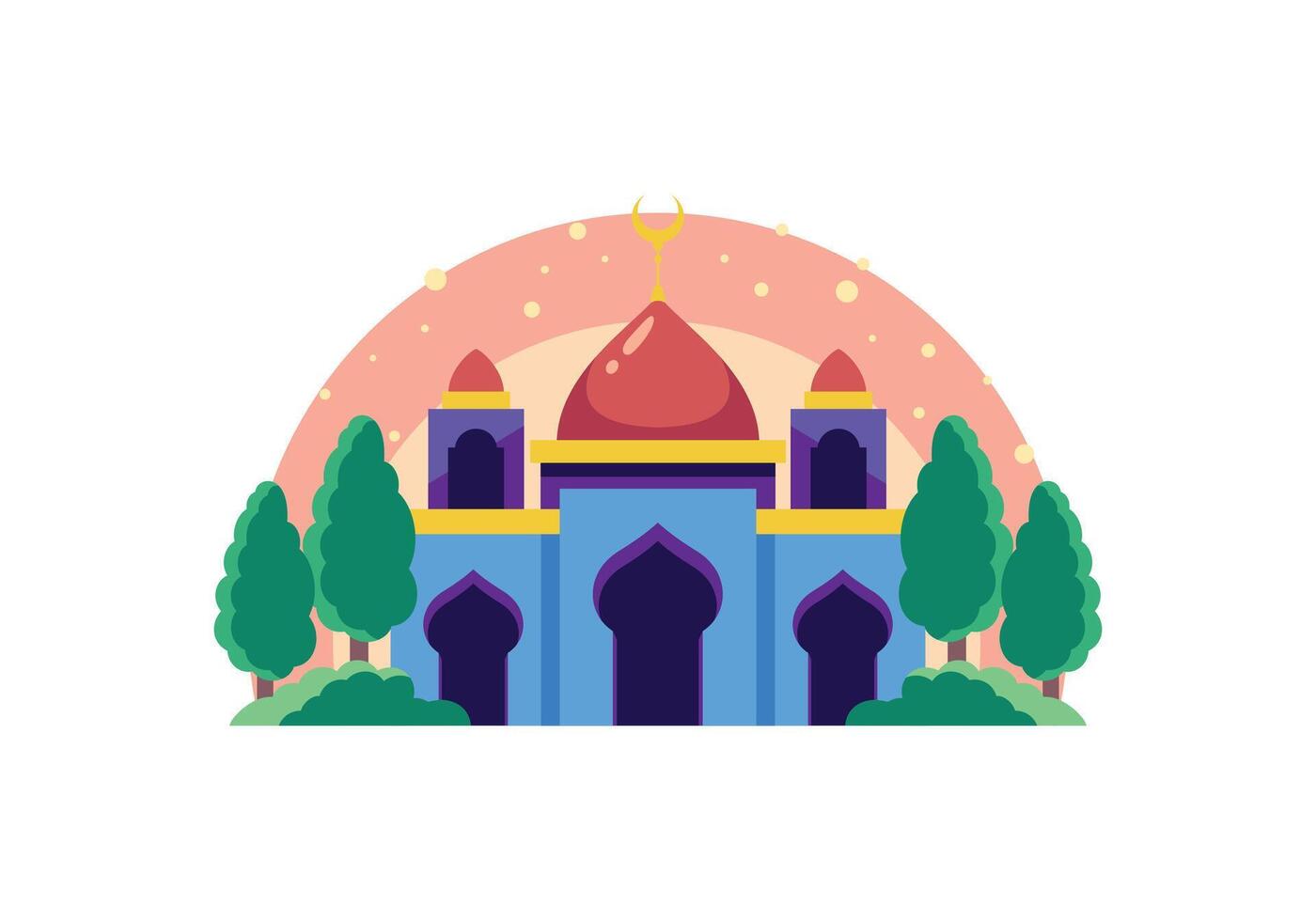 Simple Cute Small Blue Mosque With Trees Illustration vector