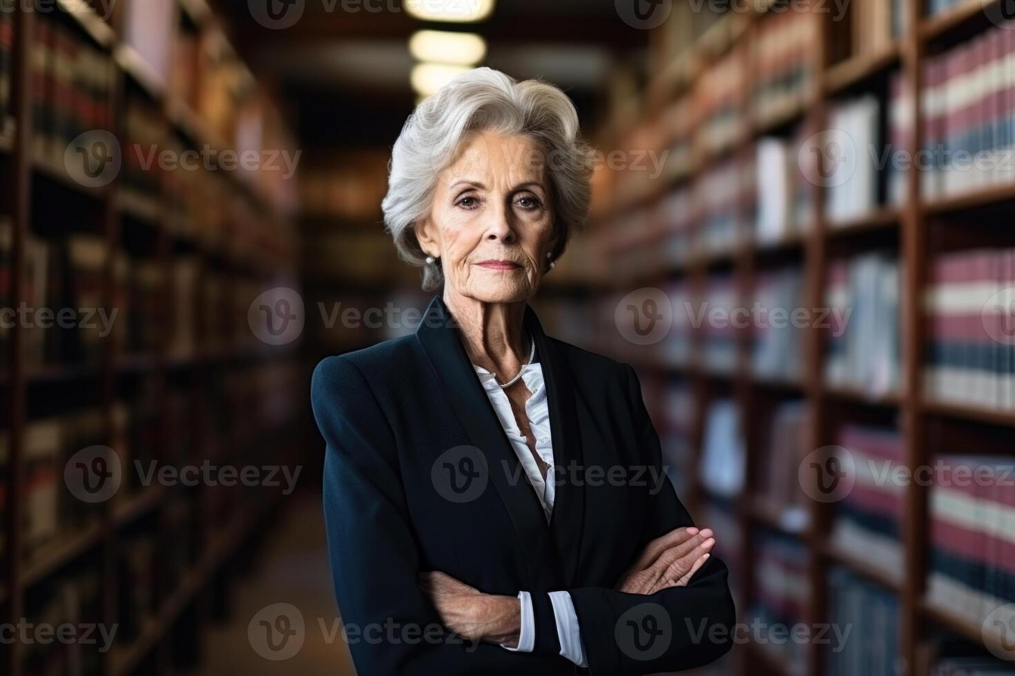 AI generated Portrait of a stylish elderly librarian in formal clothes, standing in the university library and looking at the camera photo