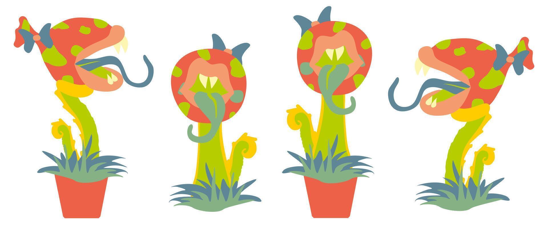 Carnivorous Plant Set, Monster Flora in Flower pot. Vector Fantasy Scary Flat Illustration Isolated on white. Cartoon Angry flowers with Teeth and Fangs. Design elements for Game, App, Card, Cartoon.