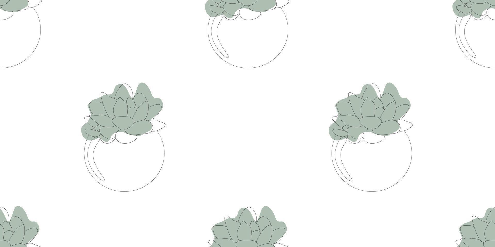 Seamless pattern of Hand drawn Linear Succulents in flower pots. Line Art outline Vector Flowers on white with Green spots. Design Botany Elements for Wrapper, Textile, Wallpaper, Boho Decoration.