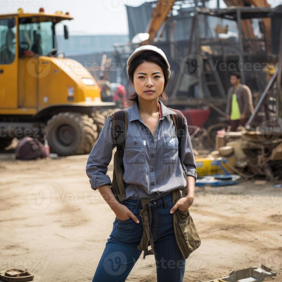 AI generated a woman engineer, builder or architect in a helmet against the background of a construction site photo