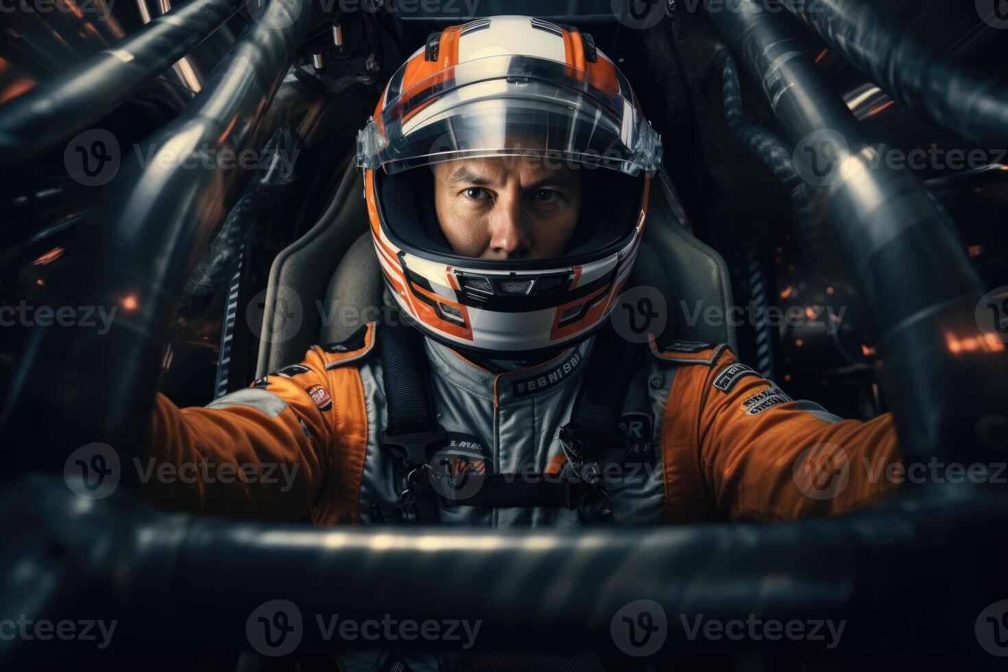 AI generated A man in a helmet is driving a car.Racing concept photo