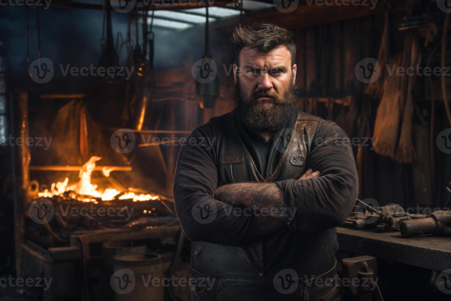 AI generated Portrait of a brutal man-a professional blacksmith in his own forge photo