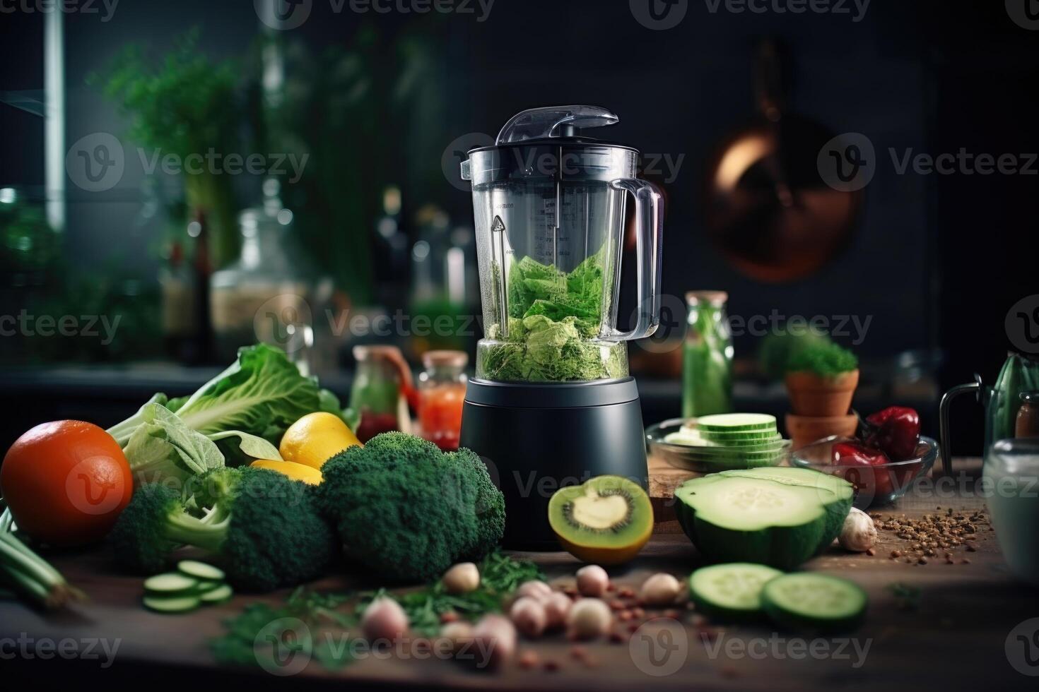 AI generated Delicious fresh smoothies and a blender with ingredients on the kitchen table. Lots of vegetables and fruits around photo