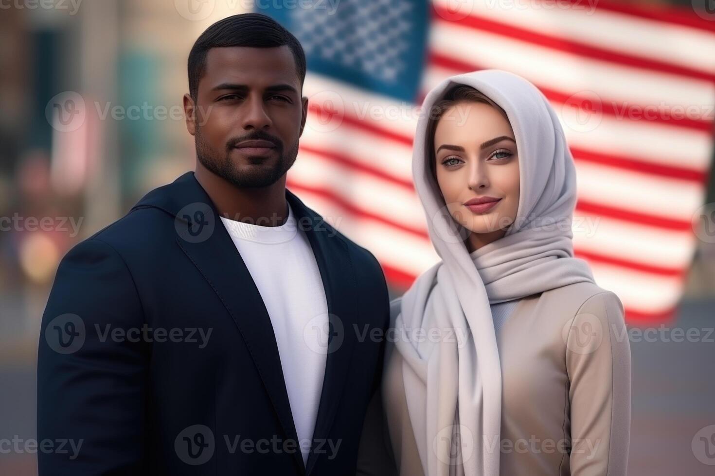 AI generated Portrait of a man and a woman patriots of their country against the background of a city street photo