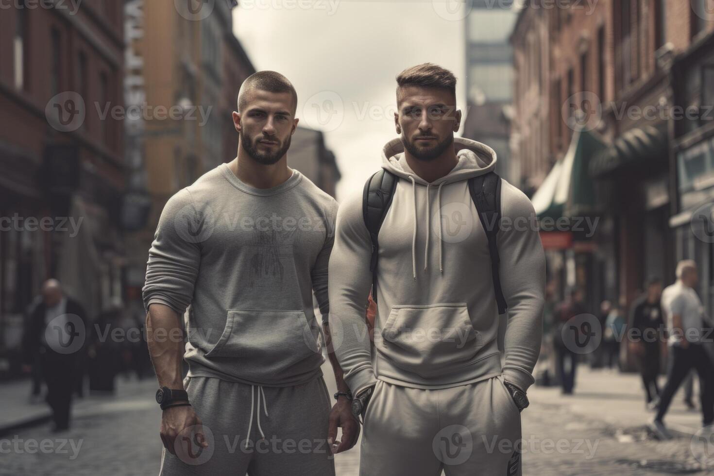AI generated Two adult athletic men confident in themselves, standing on the street of the city during the day photo