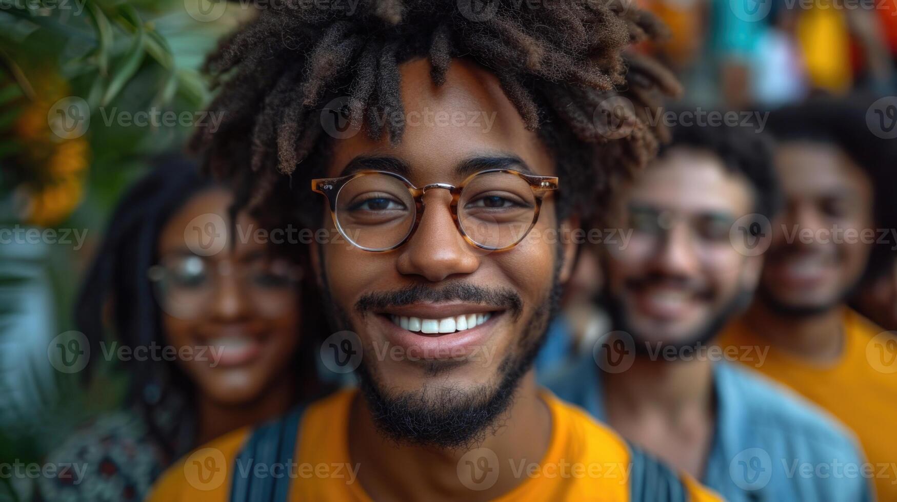 AI generated A reusable young group of happy people takes a selfie photo on a camera outside