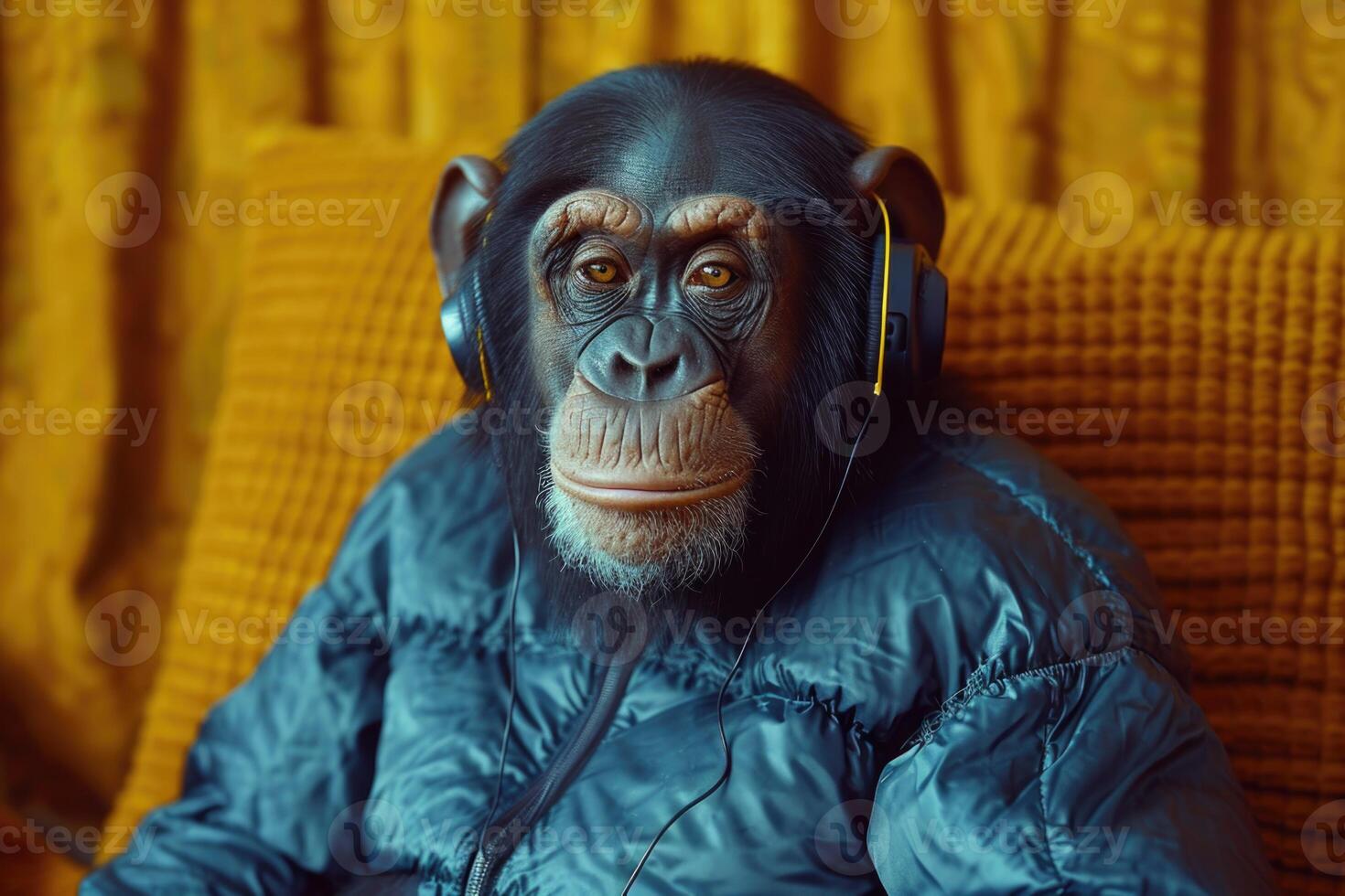 AI generated A chimpanzee monkey with musical headphones is sitting in an armchair photo