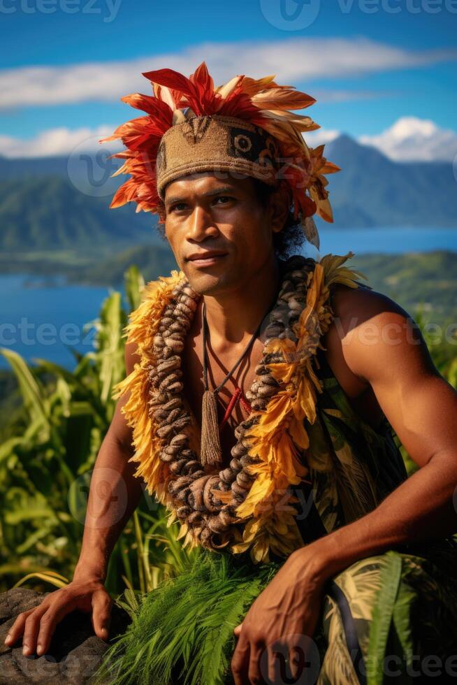 AI generated Portrait of a Polynesian man from the Pacific island of Tahiti. French Polynesia photo