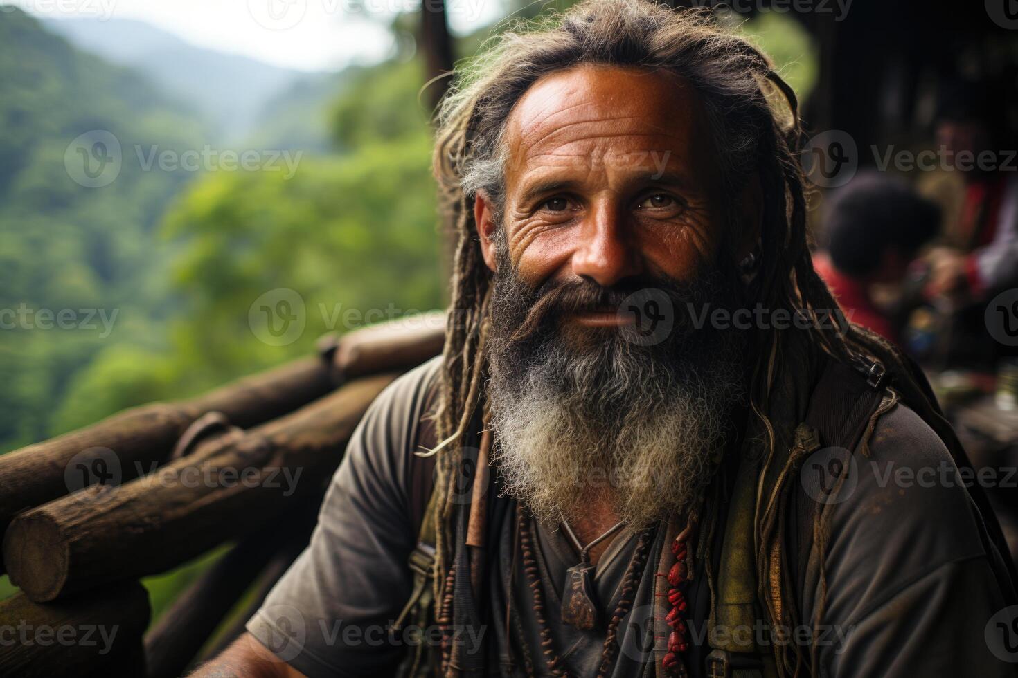 AI generated Portrait of a cheerful traveler against the background of nature photo