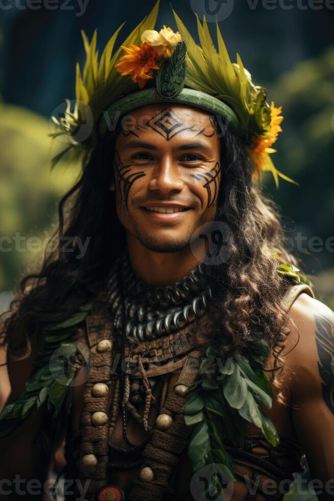 AI generated Portrait of a Polynesian man from the Pacific island of Tahiti. French Polynesia photo