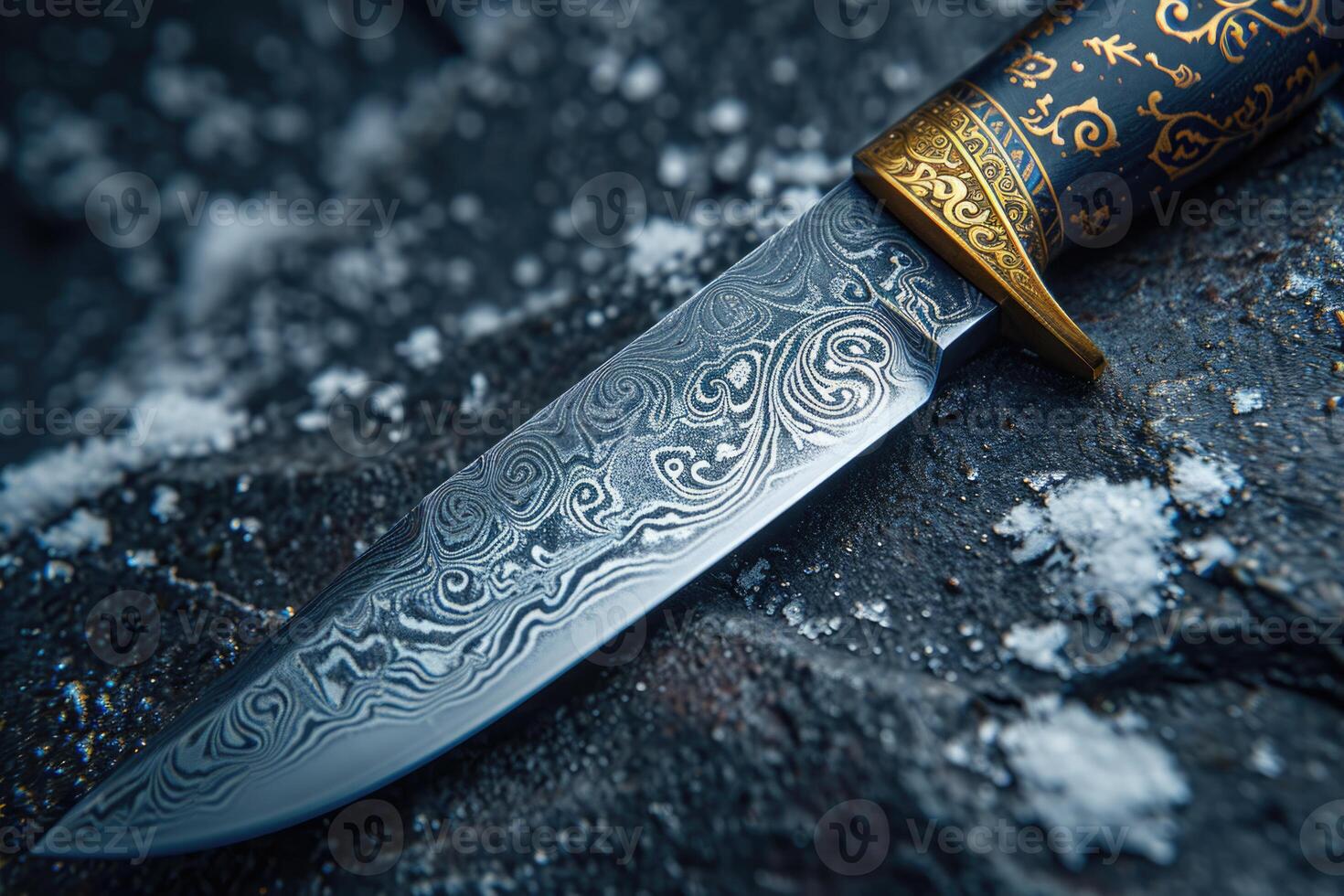 AI generated One Stylish Damascus steel kitchen knife on a wooden board photo