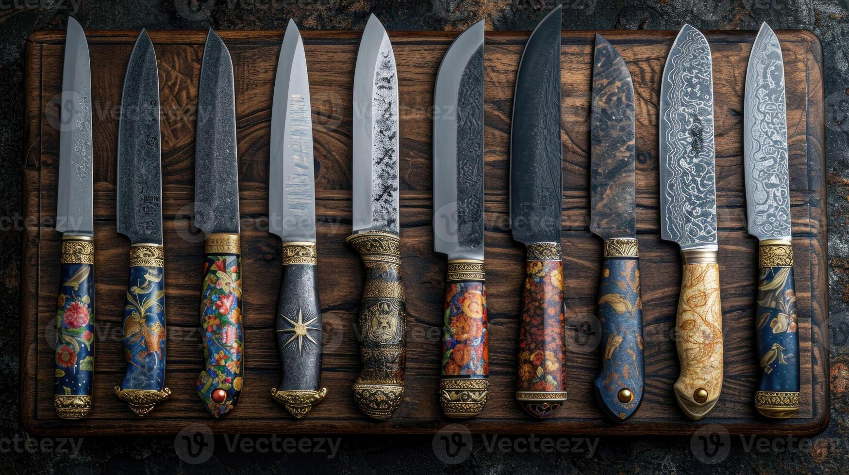 AI generated Top view of Damascus steel kitchen Knives on a wooden board photo