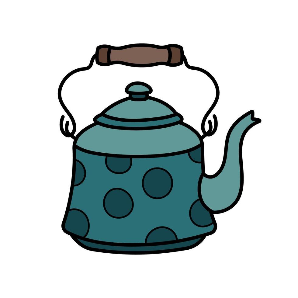 Cute vintage green teapot. Hand drawn detailed vector illustration.