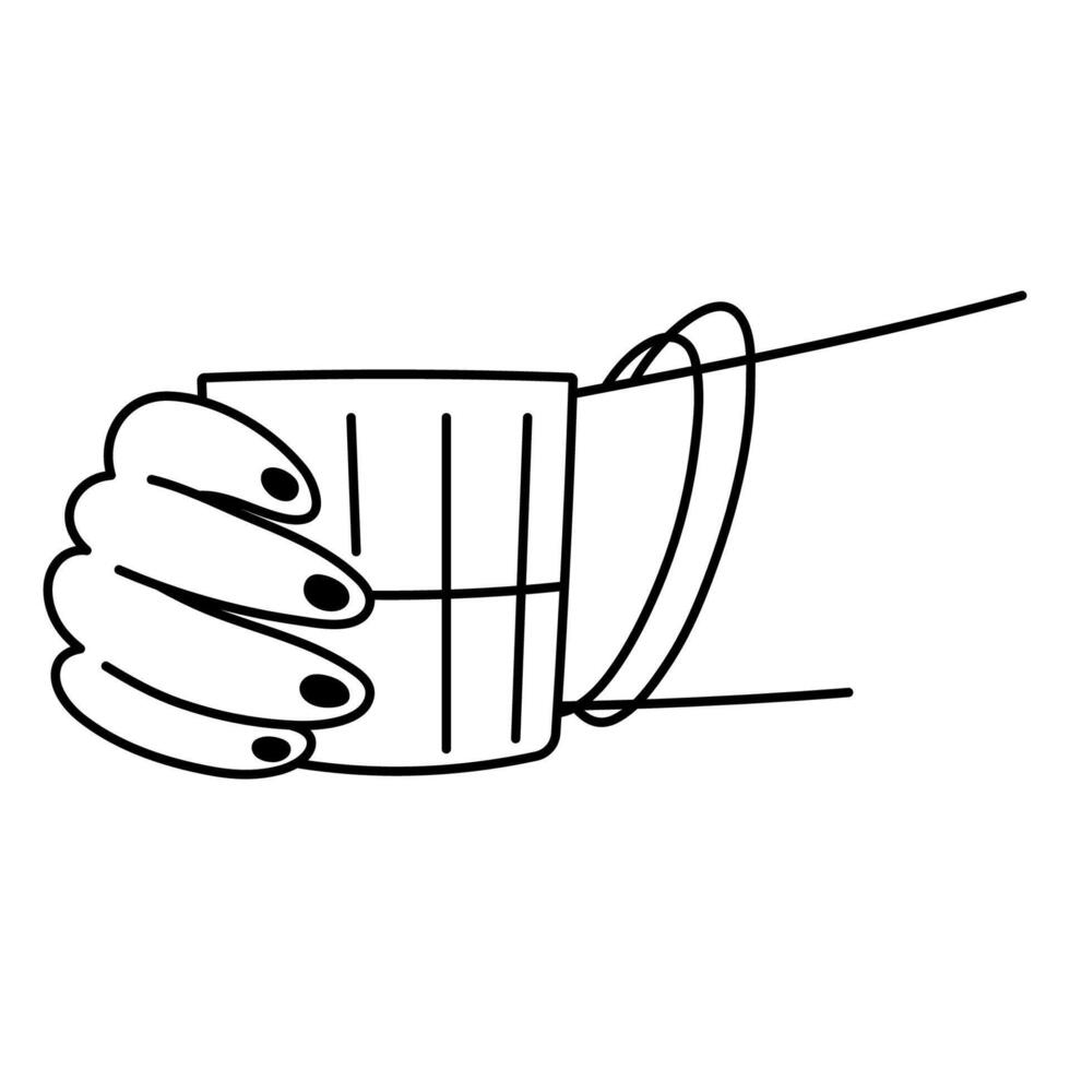 hembra mano con un vaso de alcohólico beber. alcohol abuso adiccion ilustración. mental salud problemas. mano dibujado línea icono. vector